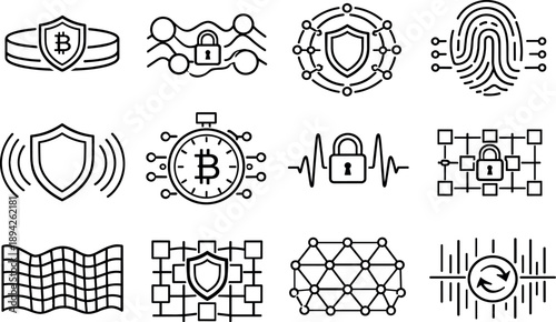  Line style vector icons of cryptocurrency blockchain security and privacy: variation band, resonance stripe,