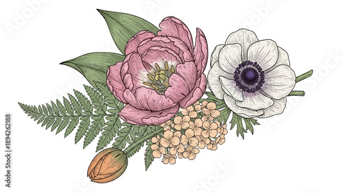 Beautiful floral arrangement featuring peony, anemone, and foliage in a decorative botanical illustration from a front viewpoint.