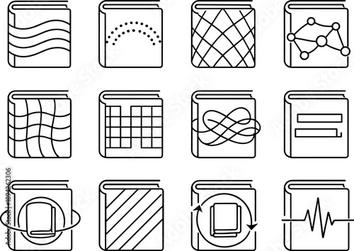 Minimalist Book Icons. Line style vector icons of cherished books: rhythm contour, pattern arc, variation mesh, rhythm node, flow