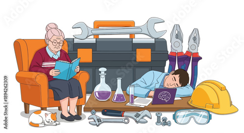 Elderly woman reading in orange armchair beside man working on laptop surrounded by tools and equipment in a cluttered workspace