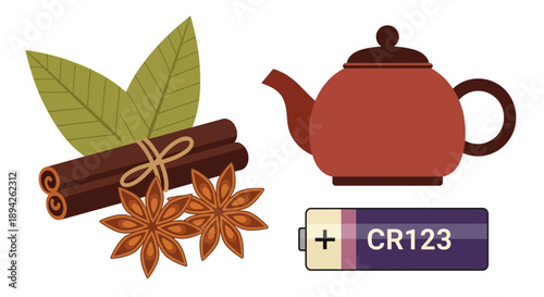 A collection of spices and a teapot on a plain white surface viewed from directly above