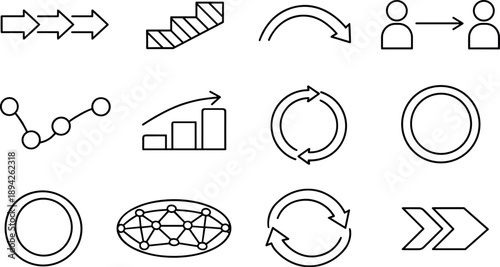Line style vector icons of message flow: sequence arrows, step-order stripe, transition cue arc,