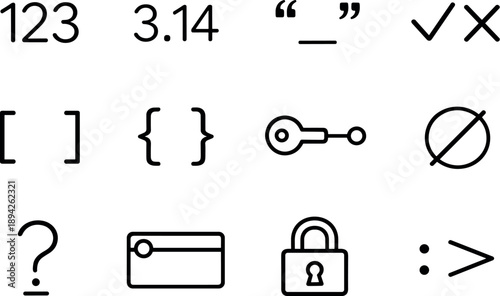 Line style vector icons of coding programming data types symbols: integer type, floating number, string quotes,