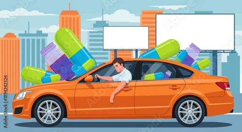 Woman driving orange car packed with colorful luggage through cityscape with billboards and skyscrapers