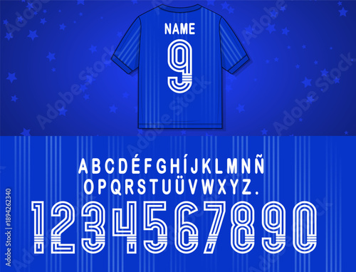 sports number font inspired by classic football kits, featuring bold geometric lines, layered strokes and dynamic rhythm. Ideal for jerseys, prints, branding, posters and athletic appare