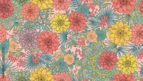 Vibrant floral pattern featuring diverse flowers and leaves in a seamless arrangement from a top-down viewpoint