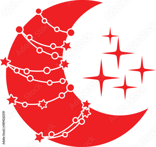 Red moon silhouette decorated with bead strings and sparkling star background
