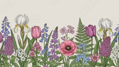 Vibrant floral arrangement of tulips, irises, and poppies in a lush, green garden viewed from the side