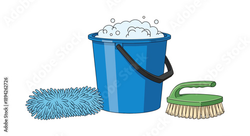 Cleaning supplies illustration featuring a blue bucket with soap suds and cleaning tools nearby in a simple graphic style