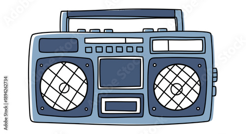 Vintage blue boombox illustration with cassette deck and speakers on a clean white background viewed from the front