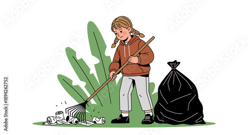 Woman cleaning up garbage in a park with a rake and bag standing on grass
