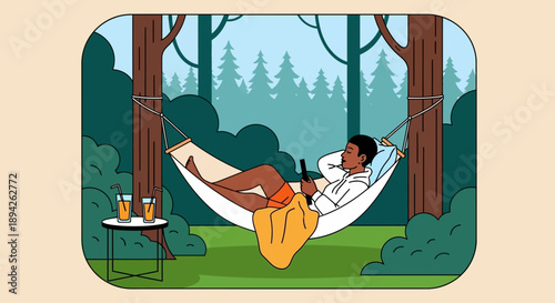 Man resting in a hammock between trees in a serene forest glade illustration
