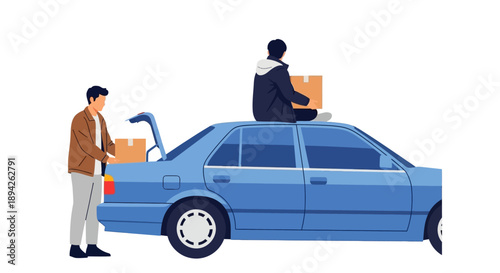 People loading boxes into a car on a white background from a side viewpoint