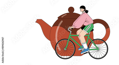 A person riding a bicycle shaped like a teapot, with a whimsical twist on transportation