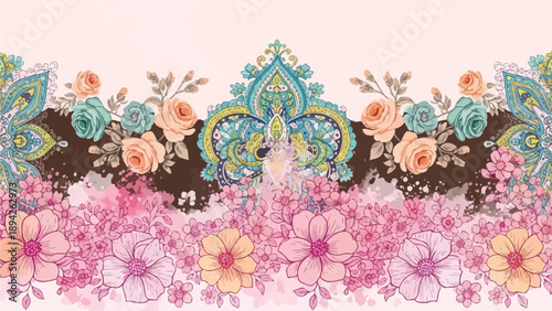 Vibrant floral arrangement with intricate paisley designs and delicate flowers in a picturesque landscape view