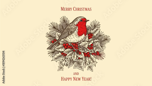 A festive red-breasted bird perched on a holly branch with red berries, celebrating Christmas and New Year