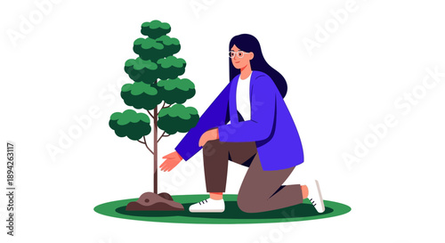 Woman planting a tree in a serene environment from a kneeling viewpoint