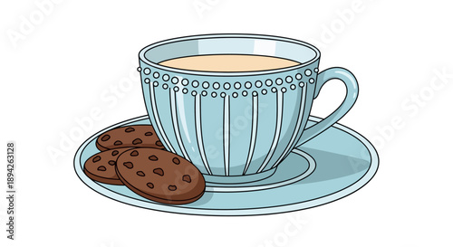 A serene blue teacup filled with coffee sits on a matching saucer with chocolate chip cookies beside it