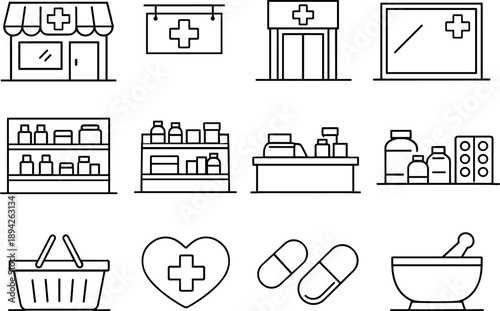 Minimal Drugstore Icons. Line style of modern minimal drugstore icons: facade, sign, doorway, window; curated shelf, spacing,