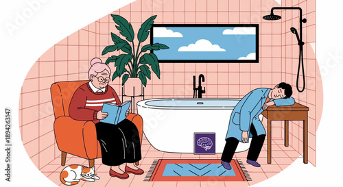 Elderly woman reads while caregiver cleans bathroom floor in a modern tiled bathroom with bathtub and shower