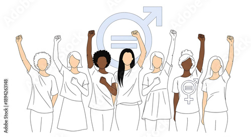 international women's day A group of diverse women standing together in solidarity with their fists raised in a powerful gesture of equality and feminism.