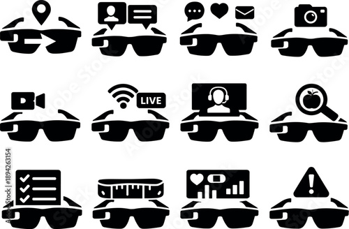  Solid vector icons of smart glasses usage scenarios: navigation overlay, translation caption, notification feed,