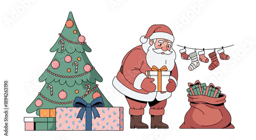Santa Claus stands beside a decorated Christmas tree with gifts and a sack of toys on a festive holiday scene