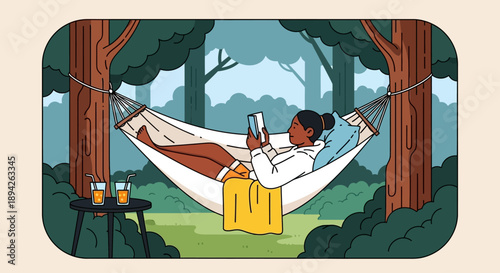 Woman Relaxing in Hammock with Book and Refreshments in Forest Clearing