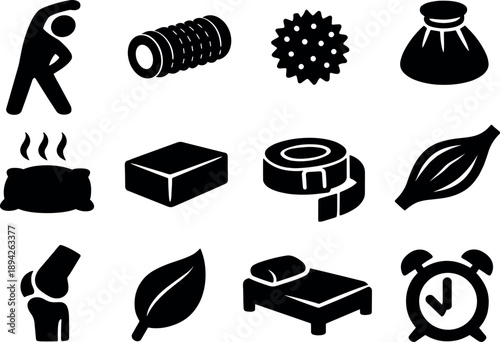Solid vector icons of recovery and stretching: stretching man, foam roller, massage ball, ice pack, heat pack,