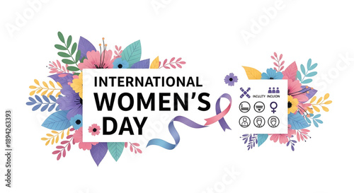 international women's day A vibrant floral illustration celebrating International Women's Day with colorful flowers and icons