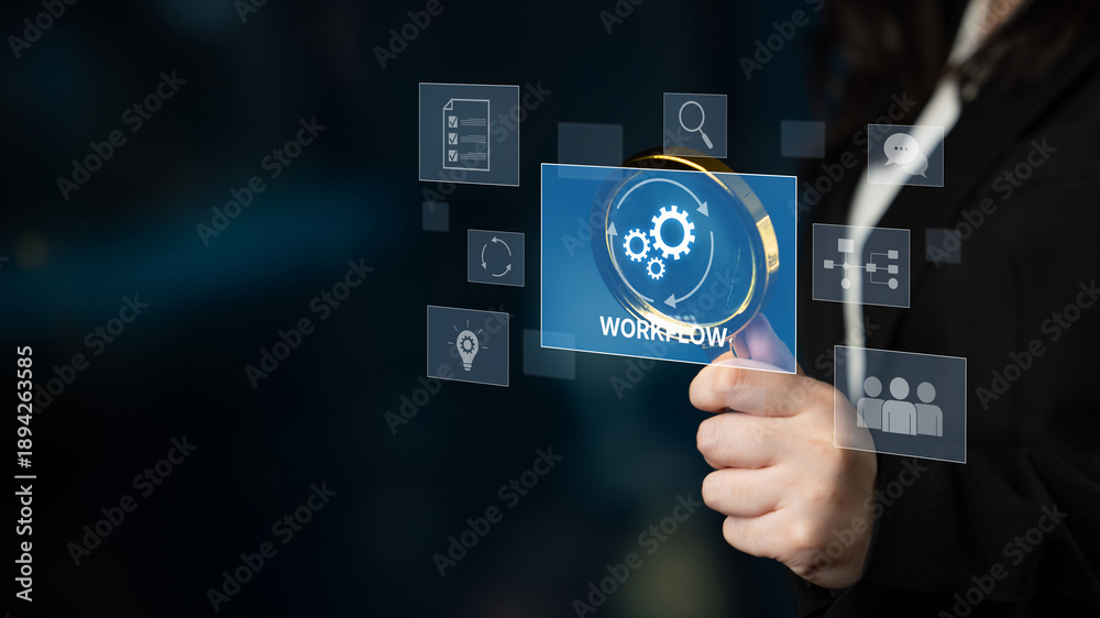 Naklejka premium Workflow optimization concept featuring interconnected gears, task management, collaboration, process mapping, review, and automation for business productivity and efficiency Latch