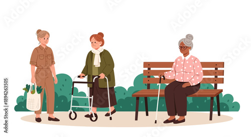 Three older adults interacting in a serene park setting with a woman standing near a seated elderly person and another using a walker