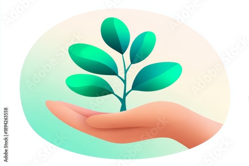 A hand holds a small green plant with several leaves. The background is soft and light, emphasizing the concept of growth and sustainability.