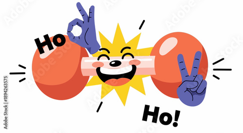 Cartoon illustration of a smiling face with hands making peace signs surrounded by red balls and HoHo text