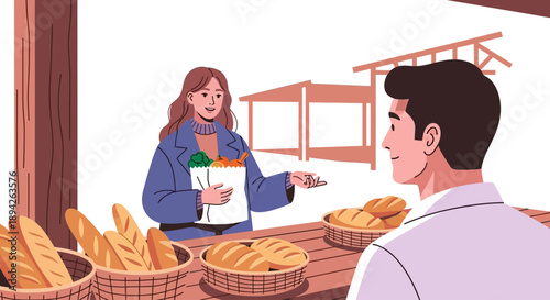 Woman selling bread to a customer at an outdoor market stall with various pastries on display
