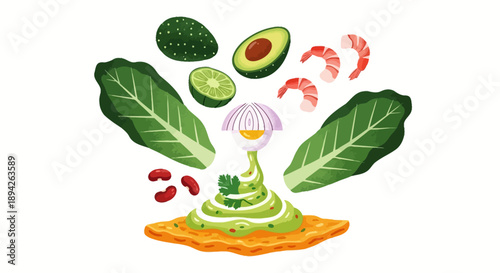 Fresh ingredients arranged artfully on a vibrant orange plate with vegetables and seafood surrounding a central spiral design