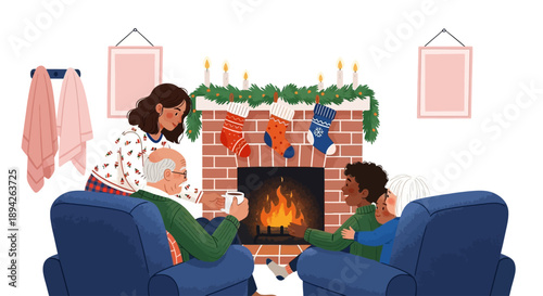 Couple Relaxing Together by the Fireplace on a Cold Winter Evening Illustration