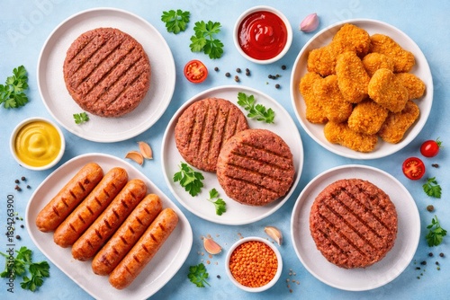 Wallpaper Mural Raw Plant-Based Meat Patties and Vegan Sausages with Ingredients Torontodigital.ca