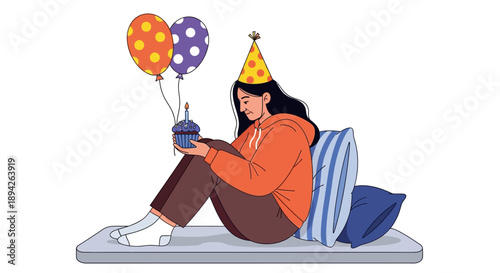 Woman celebrating birthday, sitting on mattress with balloons and party hat, relaxed atmosphere, casual clothing, joyful moment, vibrant colors