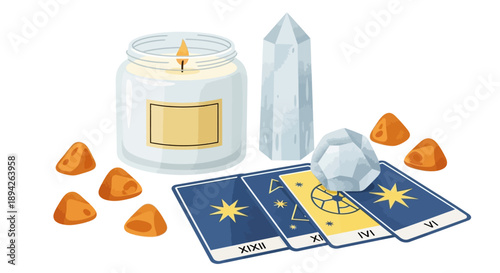 Mystical tarot cards, crystals, and a lit candle arranged on a white surface for spiritual guidance and divination purposes, viewed from directly above