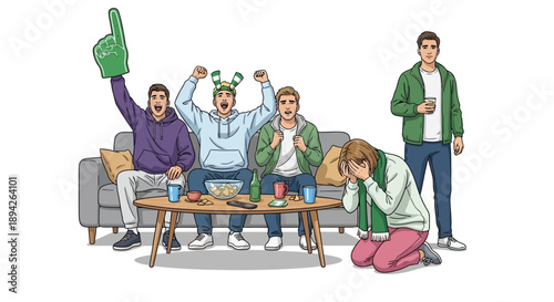 Group of friends enthusiastically watching sports on television together at home, celebrating and cheering.