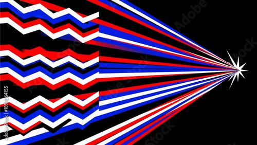 Vibrant red, white, and blue stripes converging towards a radiant star on a black background, creating a dynamic visual effect
