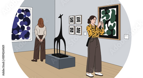 Two women viewing modern art and a black sculpture in a contemporary art gallery