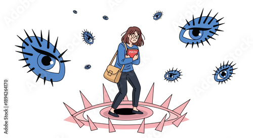 Woman surrounded by giant viral cells and eyes, standing on a red spike circle, viewed from the side