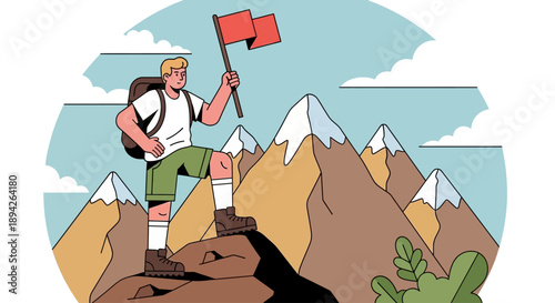 Illustration of a hiker standing triumphantly on a mountain peak holding a flag in a scenic landscape view.