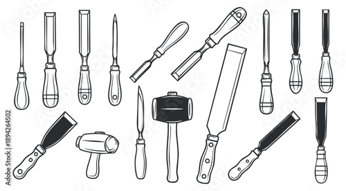 A collection of woodworking tools including chisels, screwdrivers, and a mallet in black and white outline vector style, ideal for carpentry projects and DIY crafts