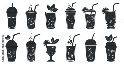 A collection of various drink icons including cocktails, smoothies, and sodas in black and white vector style, perfect for beverage menus or branding