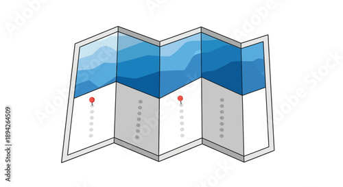 Folded map illustration showing location markers and landscape views from an aerial viewpoint