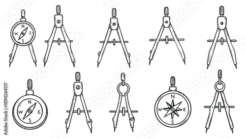 A collection of compasses and drawing tools in black and white outline vector style, ideal for educational and technical design projects