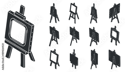 A collection of easels in various positions and styles in black and white vector design, ideal for art-related projects and branding